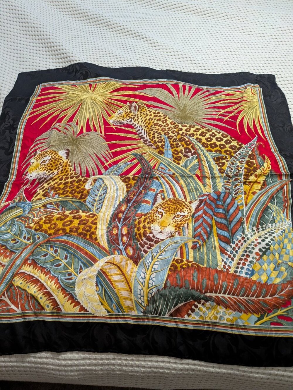 100% Silk Vintage Leopard & Jungle Botanical Print Scarf